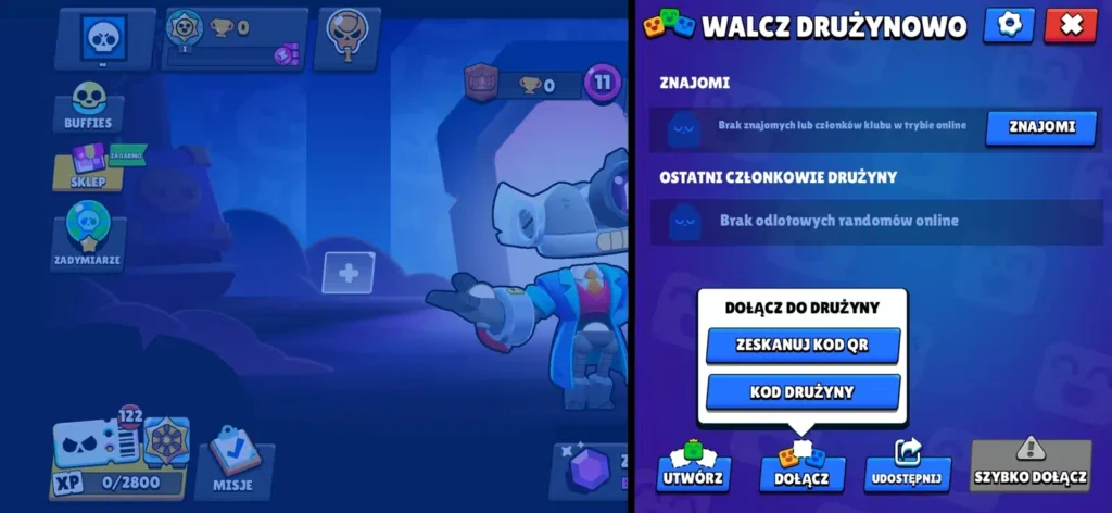 Panel Walcz drużynowo w Nulls Brawl: lista znajomych, dołączanie kodem lub kodem QR, przycisk Udostępnij.